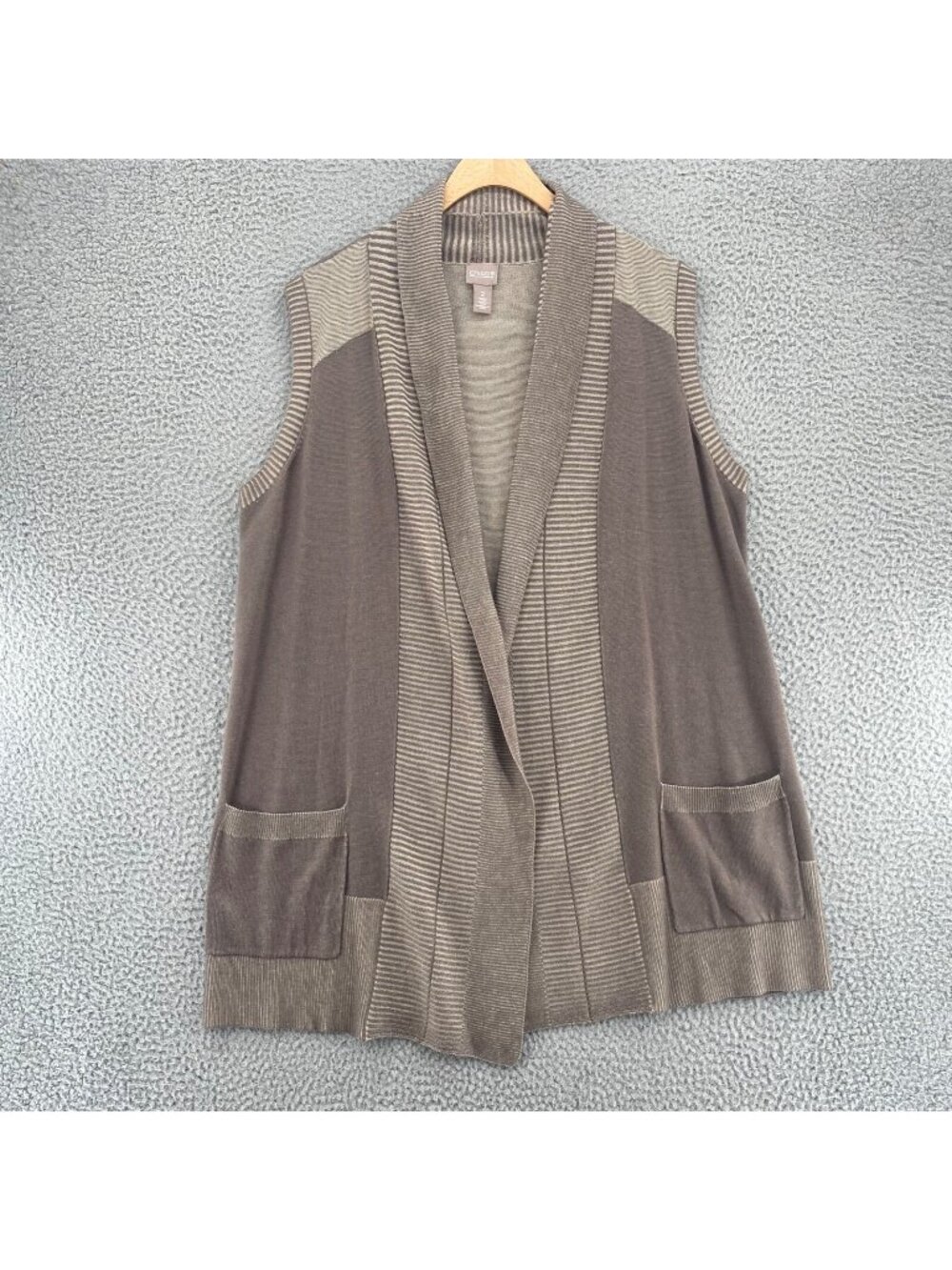 Chicos Sweater Womens 2 US Large Taupe Two Tone Vest Open Cardigan Sleeveless*
